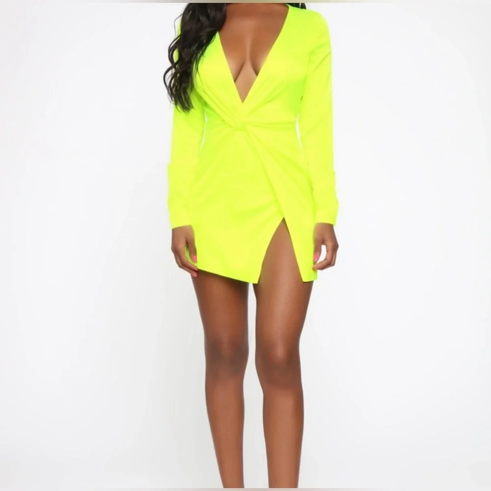 FASHION NOVA Sugar Free Dress Satin Neon Yellow NWT - Picture 2 of 14